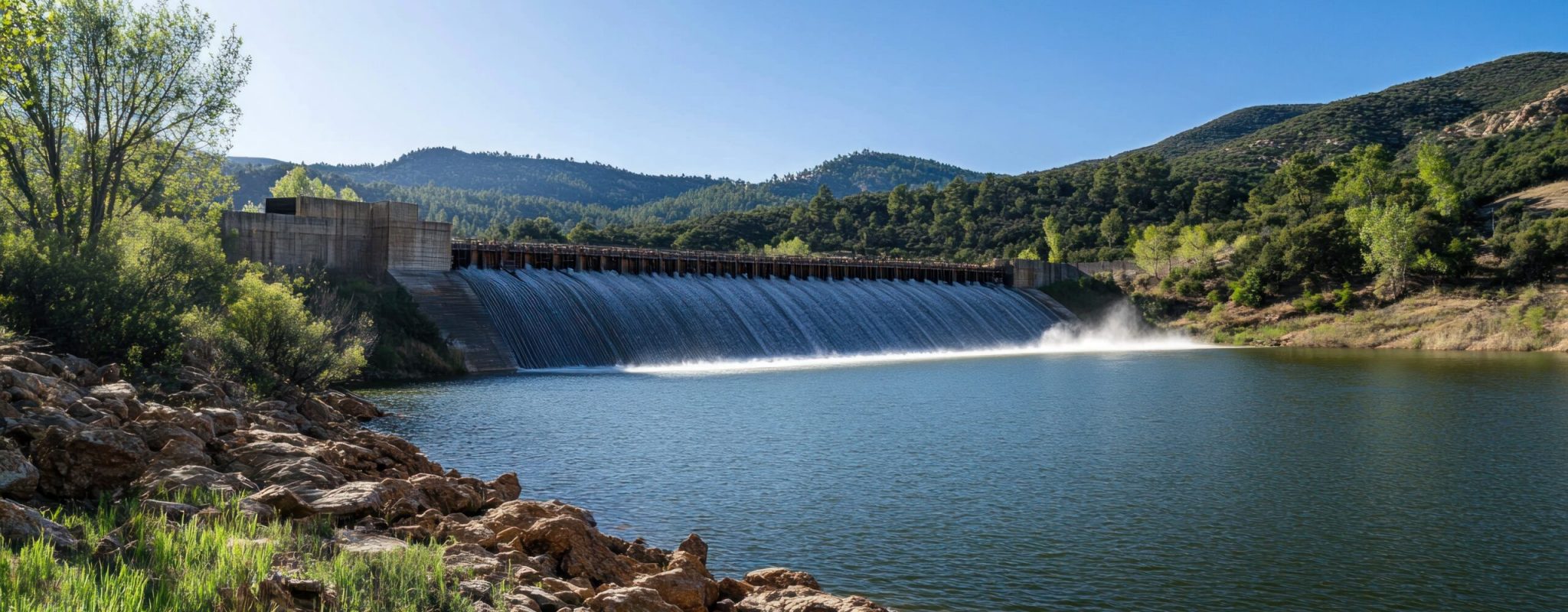 A dam with water overflowing to a spillway, emphasizing water’s power and a man-made structure in an outdoor setting, daylight, using natural light with slow shutter speed to show water flow and dam details. copy space for text on left. isolated on clear photo - realistic, ultra sharp, simplicity, higher coherence, minimalism, ultra detailed, hyper realistic details, beautiful, modern, OC rendered, 32k uhd, insane details, intricate details, Photoshoot, Depth of Field, captured with Phase One XF IQ4 camera, 200 Mega Pixel lens, --ar 16:7 --style raw --v 6.1 Job ID: 6de453c3-25e4-4a56-8700-544254404619